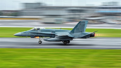 Royal Canadian Air Force F-18 Hornet takes off from Prestwick Airport, Scotland, Aug. 2019.