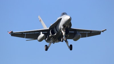 A Finnish Air Force F-18 Hornet during an exercise in the Netherlands, April 2016.
