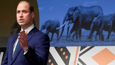 Britain's Prince William delivers a speech at the Tusk Conservation Awards in London, Nov. 22, 2021.