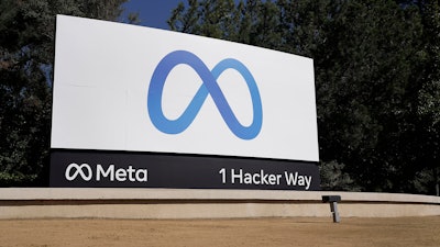 Facebook's Meta logo sign at the company headquarters, Menlo Park, Calif., Oct. 28, 2021.