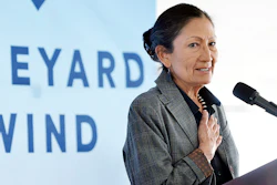 Interior Secretary Deb Haaland speaks about the Vineyard Wind project during a groundbreaking ceremony in Centerville, Mass., Nov. 18, 2021.