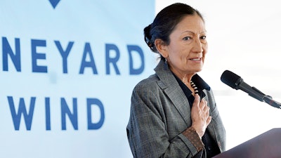 Interior Secretary Deb Haaland speaks about the Vineyard Wind project during a groundbreaking ceremony in Centerville, Mass., Nov. 18, 2021.