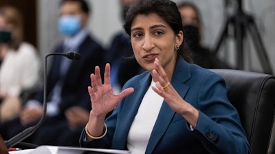 Lina Khan, nominee for commissioner of the Federal Trade Commission, speaks during a Senate confirmation hearing, April 21, 2021.