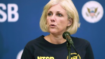 Jennifer Homendy of the National Transportation Safety Board speaks during a news conference, Oct. 3, 2019, Windsor Locks, Conn.