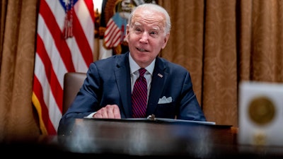 President Joe Biden in the Cabinet Room at the White House, Jan. 20, 2022.
