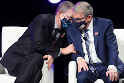 Intel CEO Patrick Gelsinger, left, talks with Ohio Gov. Mike DeWine at a news conference, Newark, Ohio, Jan. 21, 2022.