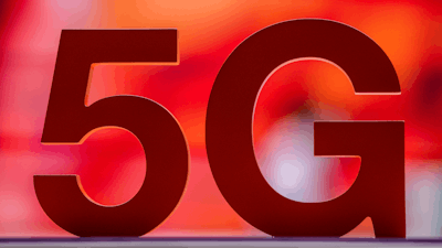 A 5G sign at the Orange booth during Mobile World Congress 2021 in Barcelona, June, 29, 2021.