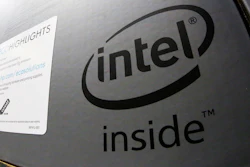 Intel logo on a box containing an HP desktop computer at a Costco in Pittsburgh, Jan. 1, 2018.