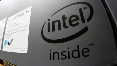 Intel logo on a box containing an HP desktop computer at a Costco in Pittsburgh, Jan. 1, 2018.