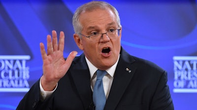 Australian Prime Minister Scott Morrison during a speech at the National Press Club, Canberra, Feb. 1, 2022.