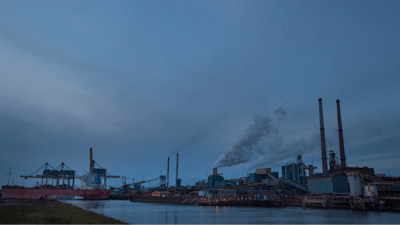 Tata Steel factory at dusk, Ijmuiden, Netherlands, Dec. 4, 2018.