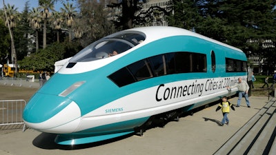 Full-scale mock-up of a high-speed train displayed in Sacramento, Calif., Feb. 26, 2015.