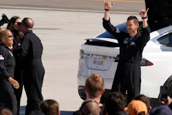 Inspiration4 crew member Jared Isaacman, right, waves to family members before a trip to Kennedy Space Center's Launch Pad 39-A, Sept. 15, 2021, Cape Canaveral, Fla.