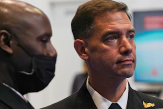 U.S. Navy Vice Adm. Brad Cooper at the Unmanned System Exhibition and Conference in Abu Dhabi, Feb. 21, 2022.