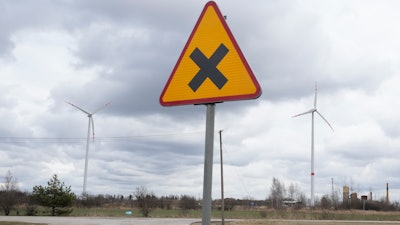 Wind turbines in Budy Mszczonowskie, Poland, Feb. 21, 2022.