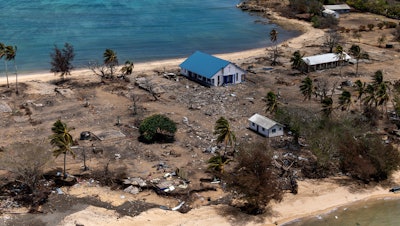 Debris from damaged building and trees on Atata Island in Tonga, Jan. 28, 2022.