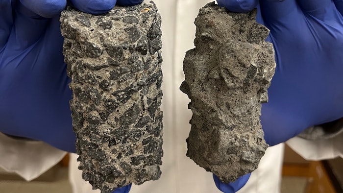 Comparison of a concrete sample coated with nano-modified sealer (left) versus untreated concrete (right).