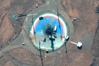 Satellite photo of a scorched launch pad at Iran's Imam Khomeini Spaceport, Feb. 27, 2022.