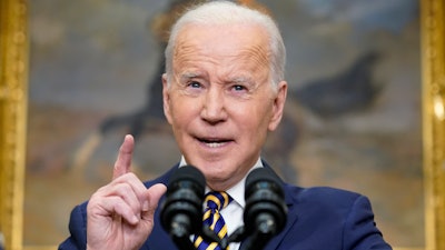 President Joe Biden announces a ban on Russian oil imports in the Roosevelt Room at the White House,, March 8, 2022.