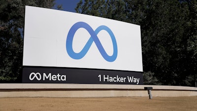 Facebook's Meta logo sign at the company's headquarters in Menlo Park, Calif., Oct. 28, 2021.