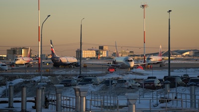 Planes parked at Sheremetyevo airport outside Moscow, March 1, 2022.