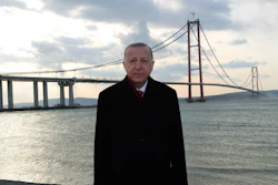Turkish President Recep Tayyip Erdogan poses for photos in front of the 1915 Canakkale Bridge, Çanakkale, Turkey, March 18, 2022.