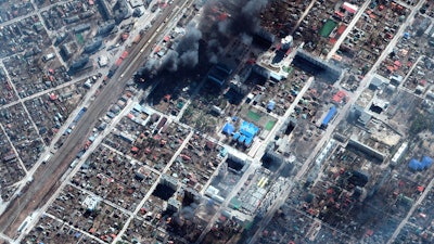 Satellite image showing burning buildings in Irpin, Ukraine, March 21, 2022.