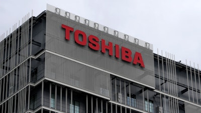 Toshiba Corp. logo at the company's building in Kawasaki, Feb. 19, 2022.