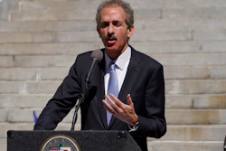 Los Angeles City Attorney Mike Feuer announces a lawsuit seeking environmental justice from Monsanto and two related companies for pollution of the City's waterways with polychlorinated biphenyls (PCBs) at a news conference outside Los Angeles City Hall, March 7, 2022. The lawsuit seeks to force Monsanto to abate PCB pollution and reimburse the City for costs it has already incurred.