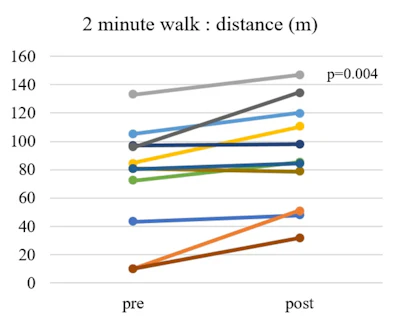 On the 2-minute walk test, an increased walking distance was observed in 10 out of 11 patients. The mean walking distance also improved after HAL-based training.