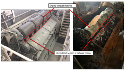 Starboard main engine before (left) and after (right) the fire, with the uninsulated section of exhaust header indicated.