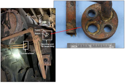 Starboard main engine after the fire with section of fuel oil supply and return lines removed (left). Laboratory image of flange and de-brazed and separated fuel oil return line (right).
