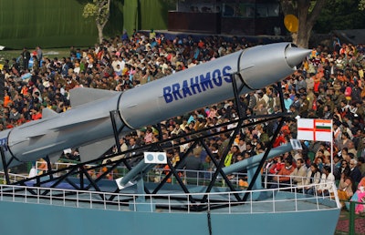 FILE -A Brahmos missile is displayed at the Republic Day parade rehearsal in New Delhi, India, Jan. 23, 2009. India on Thursday said it would ramp up its production of military equipment, including helicopters, tank engines, missiles and airborne early warning systems, to offset any potential shortfall from its main supplier Russia.