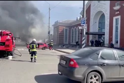 In this image from video published on Ukrainian President Volodymyr Zelenskyy's Telegram channel, a smoke rises after Russian shelling at the railway station in Kramatorsk, Ukraine, Friday, April 8, 2022.
