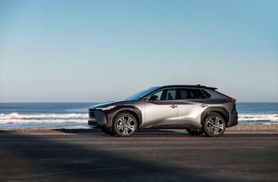 This photo provided by Toyota shows the Toyota bZ4X SUV Battery-Electric Vehicle. The company on Tuesday, April 12, 2022 unveiled the battery-powered bZ4X small SUV, which starts at $42,000 and can go up to 252 miles (406 kilometers) per charge. The bZ4X, which will be sold globally, adds to the 38 electric vehicle models now on sale in the U.S., with more than 120 expected by 2025.