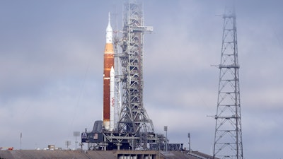 The NASA Artemis rocket with the Orion spacecraft aboard stands on pad 39B at the Kennedy Space Center in Cape Canaveral, Fla., March 18, 2022. After a series of equipment problems, NASA attempted an abbreviated fueling test of its mega moon rocket Thursday, April 14, 2022 at Florida's Kennedy Space Center.
