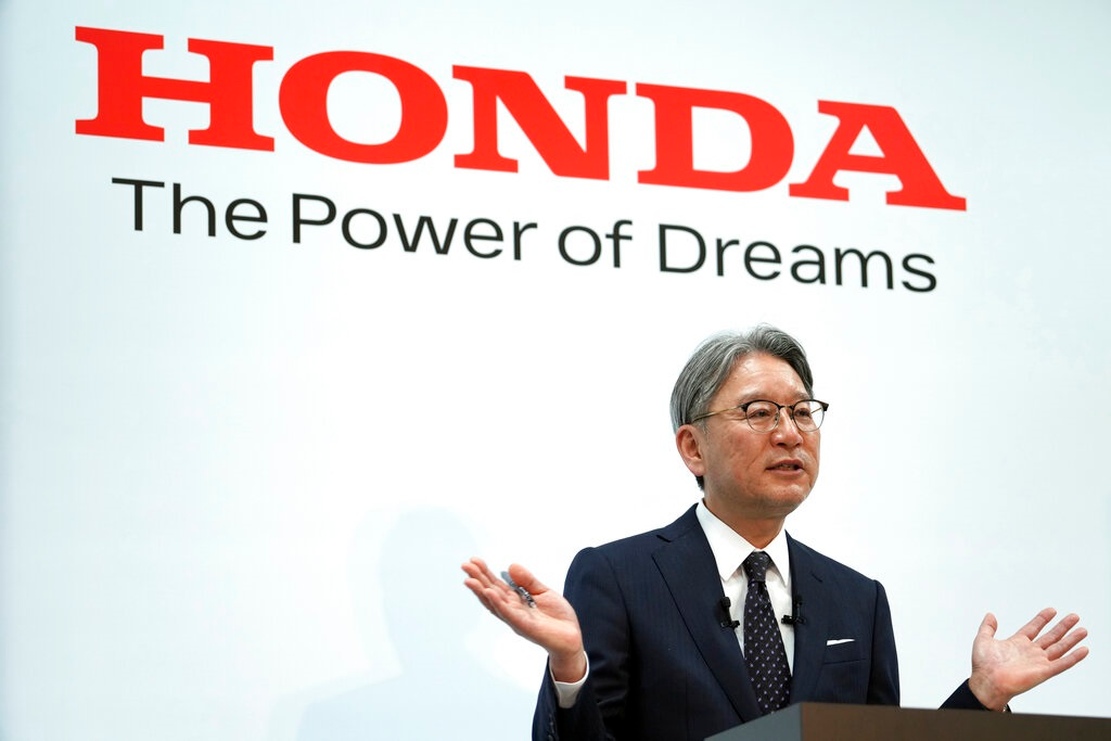 Honda Motor Co. Chief Executive Toshihiro Mibe answers questions from media during a press conference Tuesday, April 12, 2022, in Tokyo.