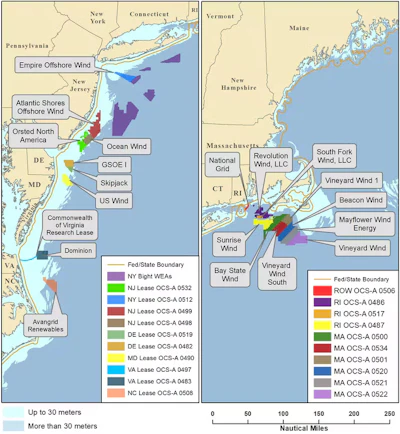 The maps show areas leased for future offshore wind projects.