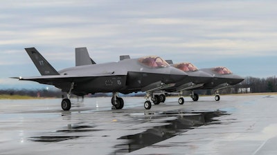 F-35 Lightning II Aircraft assigned to the 158th Fighter Wing, Burlington Air National Guard Base, prepare for takeoff, April 13, 2022, in Burlington, Vt. The first overseas deployment of the Vermont Air National Guard's F-35 fighter jets will have the pilots and their aircraft patrolling the skies of Europe during one of the most tense periods in recent history. More than 200 Vermont air guard personnel, their equipment and eight F-35s are now in Europe.