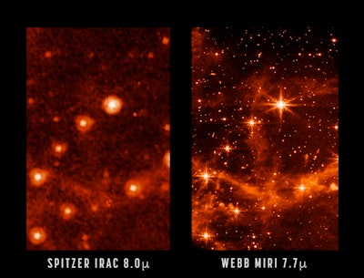 This combination of images provided by NASA on Monday, May 9, 2022, shows part of the Large Magellanic Cloud, a small satellite galaxy of the Milky Way, seen by the retired Spitzer Space Telescope, left, and the new James Webb Space Telescope. The new telescope is in the home stretch of testing, with science observations expected to begin in July, astronomers said Monday.
