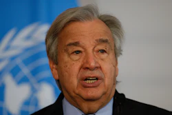 The Secretary-General of the United Nations, Antonio Guterres, addresses the media during a joint press conference with the President of Austria, Alexander Van der Bellen, in Vienna, Austria, Wednesday, May 11, 2022. Guterres is on Wednesday, May 18 launching a five-point plan to jump-start broader use of renewable energies as the U.N. weather agency reported that greenhouse gas concentrations, ocean heat, sea-level rise, and ocean acidification hit new records last year.