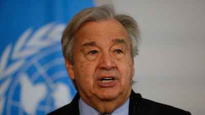 The Secretary-General of the United Nations, Antonio Guterres, addresses the media during a joint press conference with the President of Austria, Alexander Van der Bellen, in Vienna, Austria, Wednesday, May 11, 2022. Guterres is on Wednesday, May 18 launching a five-point plan to jump-start broader use of renewable energies as the U.N. weather agency reported that greenhouse gas concentrations, ocean heat, sea-level rise, and ocean acidification hit new records last year.