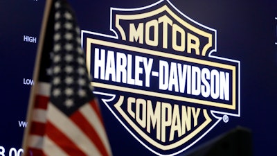 The logo for Harley-Davidson appears above a trading post on the floor of the New York Stock Exchange, March 3, 2020. Harley-Davidson shares fell more than 7% Thursday, May 19, 2022 after the motorcycle maker said it was suspending vehicle assembly and most shipments for two weeks due to a regulatory compliance issue with one of its suppliers.