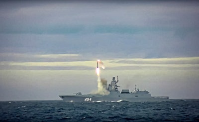 In this image taken from video released by Russian Defense Ministry Press Service on Saturday, May 28, 2022, a new Zircon hypersonic cruise missile is launched by the frigate Admiral Gorshkov of the Russian navy from the Barents Sea. Russia's Defense Ministry said the Russian navy successfully launched a new hypersonic missile from the Barents Sea. The ministry said the recently developed Zircon hypersonic cruise missile had struck its target about 1,000 kilometers away.