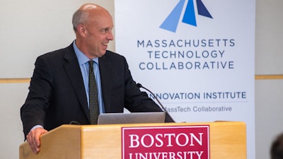 Mike Kennealy, Massachusetts secretary of housing and economic development, announced a new BU-based robotics lab to an audience of University leaders, including President Robert A. Brown, and state officials on May 4.