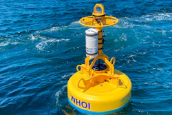 An acoustic buoy floats in the water off the coast of Ocean City, Md., June 29, 2021.