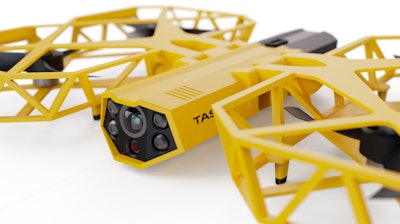 This photo provided by Axon Enterprise depicts a conceptual design through a computer-generated rendering of a taser drone. Taser developer Axon says it is working to build drones armed with the electric stunning weapons that could fly in schools and “help prevent the next Uvalde, Sandy Hook, or Columbine.” But its own technology advisers quickly panned the idea as a dangerous fantasy.