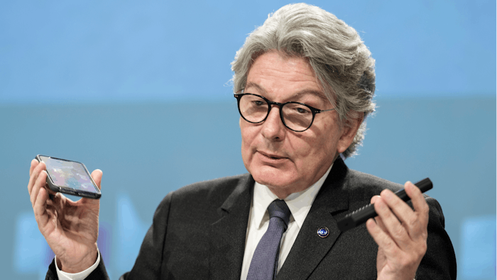 European Commissioner for Internal Market Thierry Breton speaks during a media conference on a common charging solution for mobile phones at EU headquarters in Brussels, Thursday, Sept. 23, 2021.