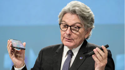 European Commissioner for Internal Market Thierry Breton speaks during a media conference on a common charging solution for mobile phones at EU headquarters in Brussels, Thursday, Sept. 23, 2021.