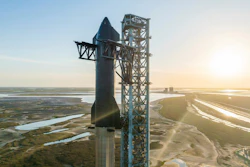 This image provided by SpaceX shows SpaceX's giant Starship rocket standing at its Texas launch pad. Elon Musk's company is looking to attempt the first orbital test flight of the nearly 400-foot-tall Starship sometime this year.